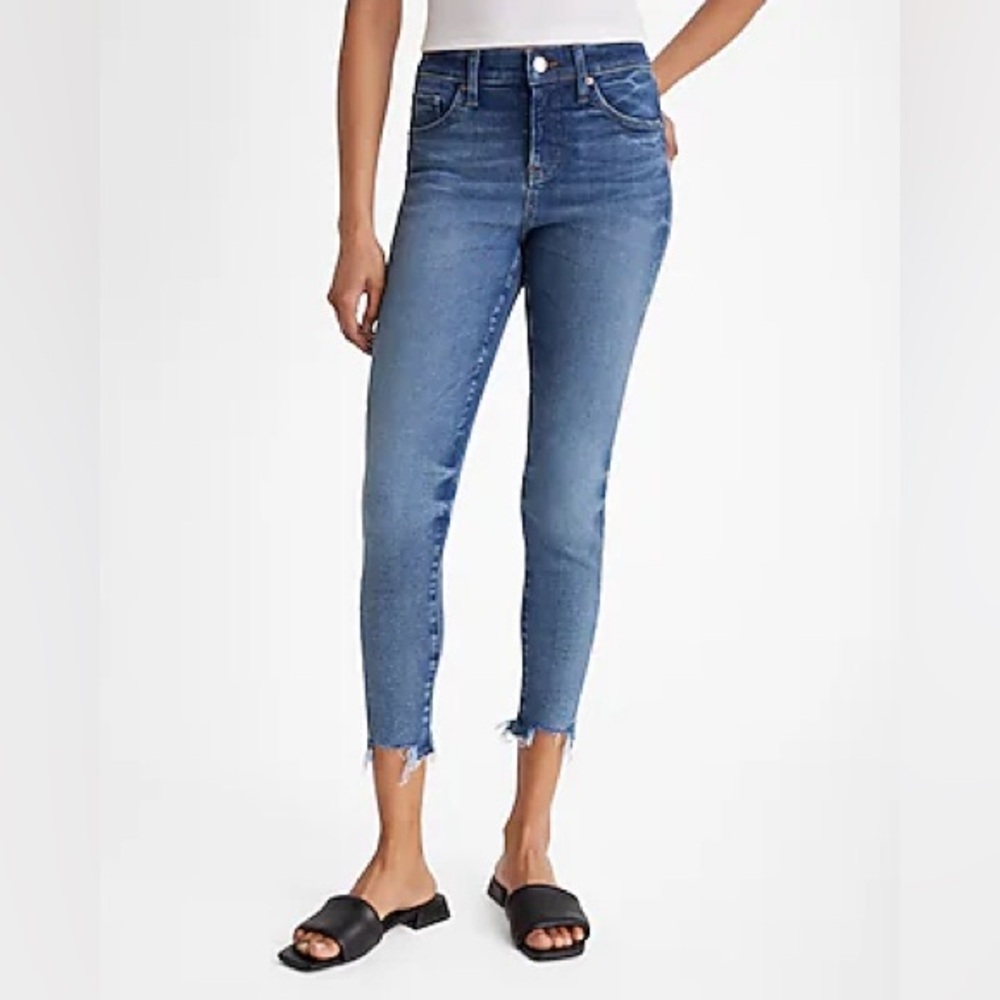 Express Mid Rise Medium Wash Raw Hem Cropped Skinny Jeans, 16